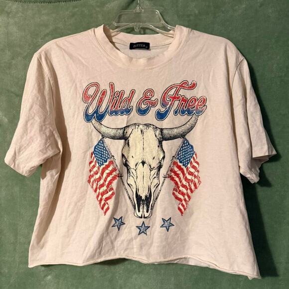 Zutter Wild & Free Cropped USA Flag Bull Skull Tee M - Picture 1 of 5